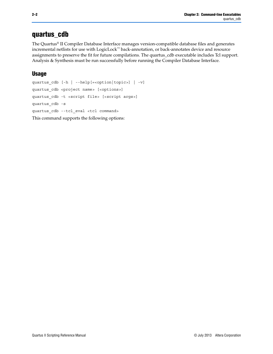 Quartus_cdb, Usage, Quartus_cdb –2 | Usage –2 | Altera Quartus II Scripting User Manual | Page 28 / 634