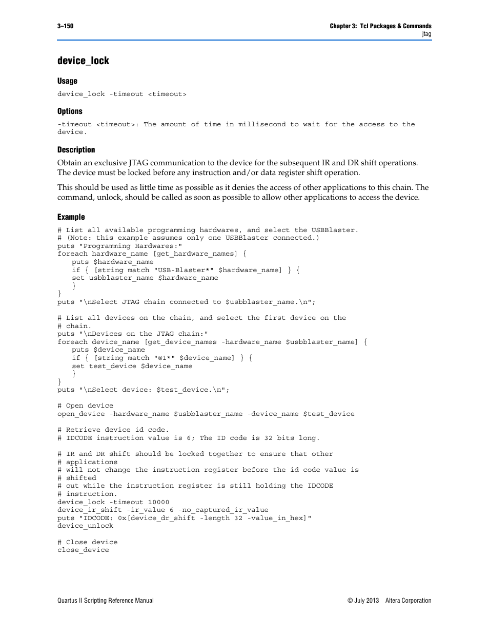 Device_lock, Usage, Options | Description, Example, Device_lock –150 | Altera Quartus II Scripting User Manual | Page 280 / 634