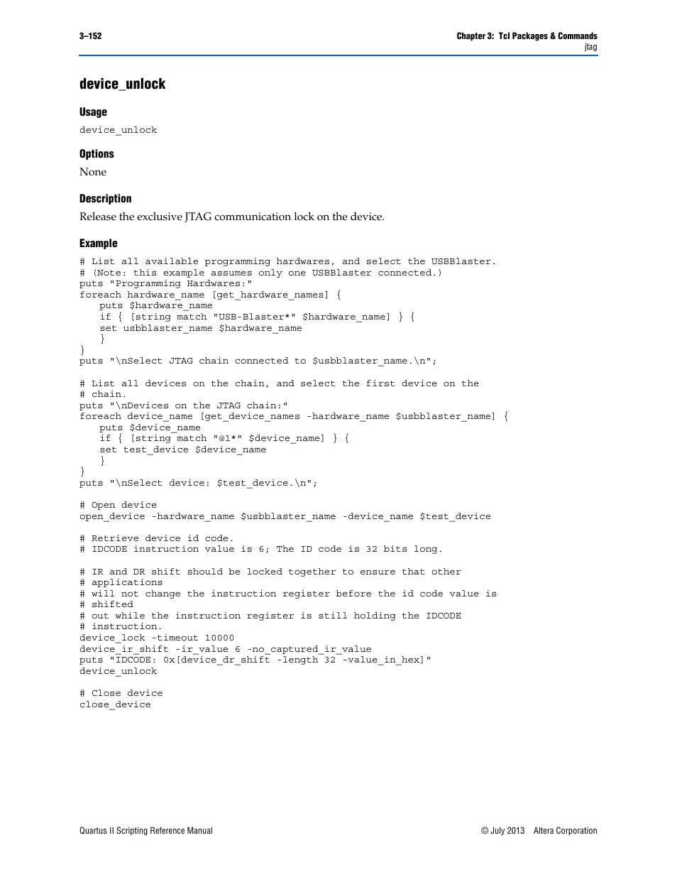 Device_unlock, Usage, Options | Description, Example, Device_unlock –152 | Altera Quartus II Scripting User Manual | Page 282 / 634