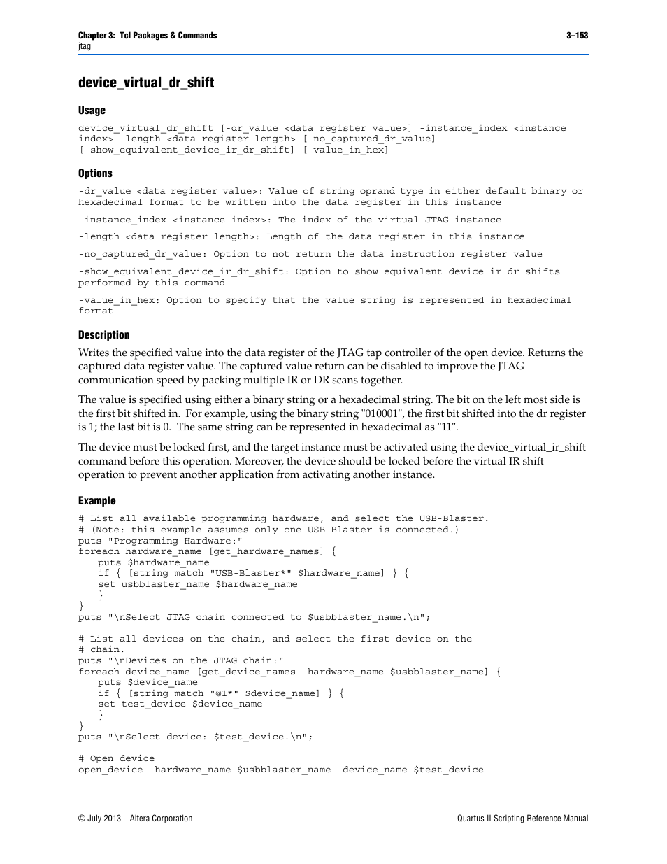 Device_virtual_dr_shift, Usage, Options | Description, Example, Device_virtual_dr_shift –153 | Altera Quartus II Scripting User Manual | Page 283 / 634