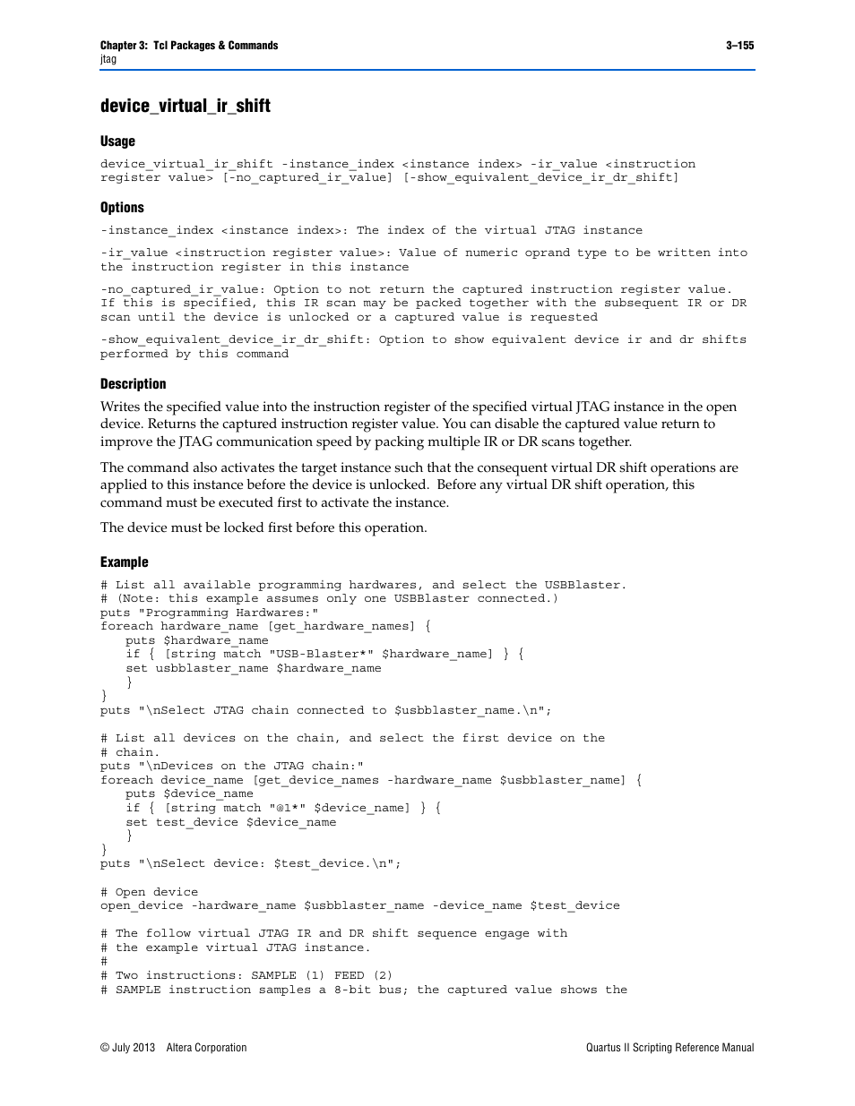 Device_virtual_ir_shift, Usage, Options | Description, Example, Device_virtual_ir_shift –155 | Altera Quartus II Scripting User Manual | Page 285 / 634