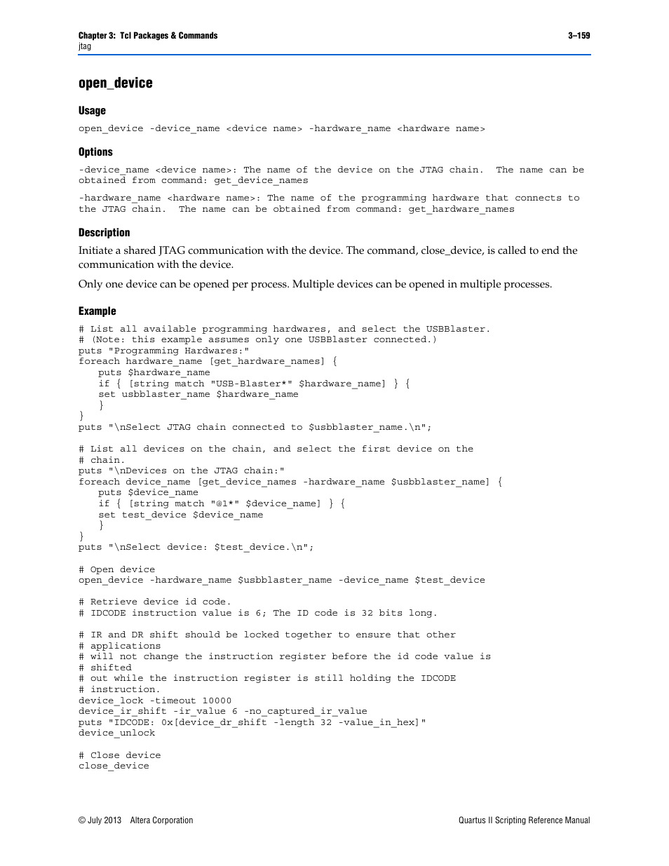Open_device, Usage, Options | Description, Example, Open_device –159 | Altera Quartus II Scripting User Manual | Page 289 / 634