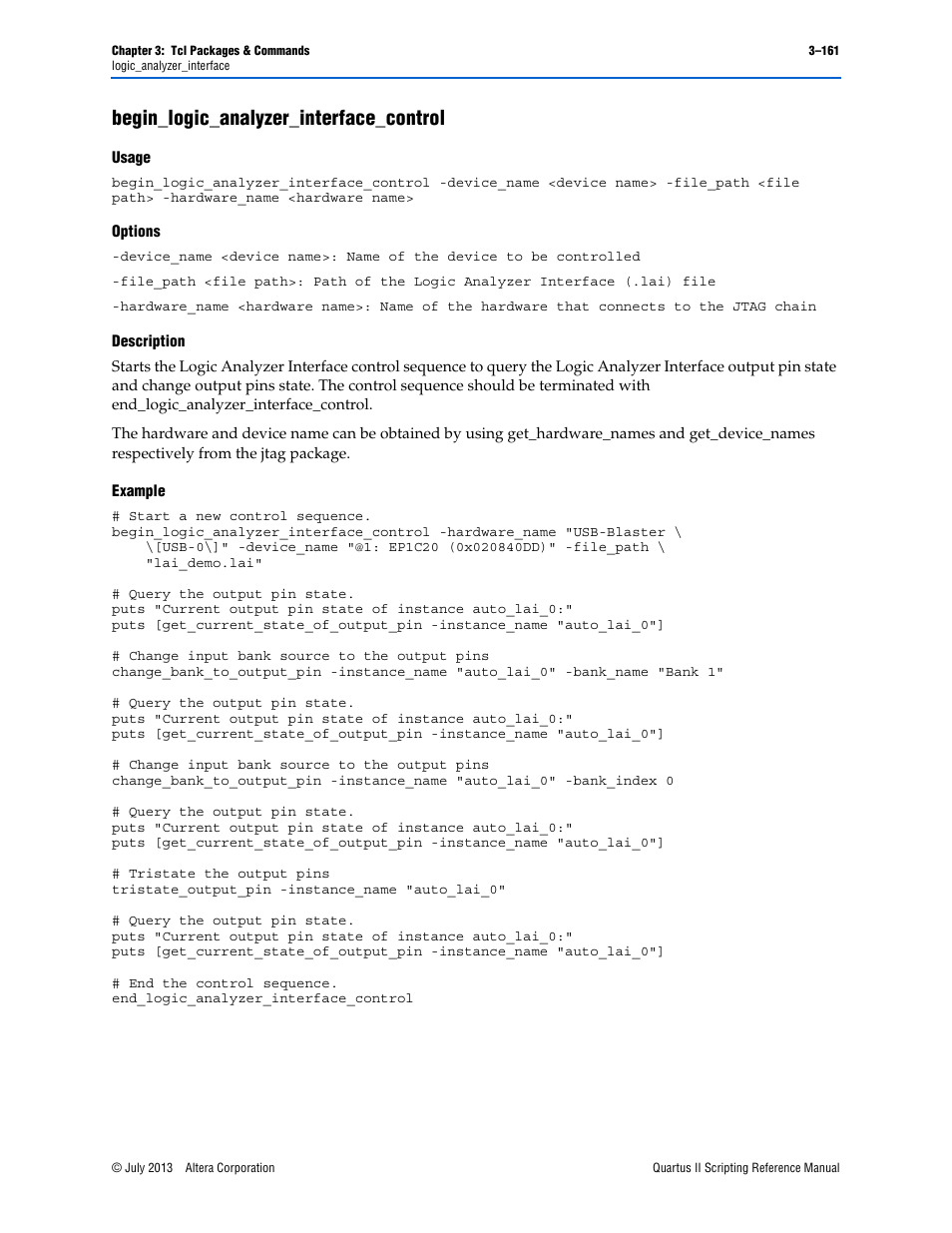 Begin_logic_analyzer_interface_control, Usage, Options | Description, Example, Begin_logic_analyzer_interface_control –161 | Altera Quartus II Scripting User Manual | Page 291 / 634
