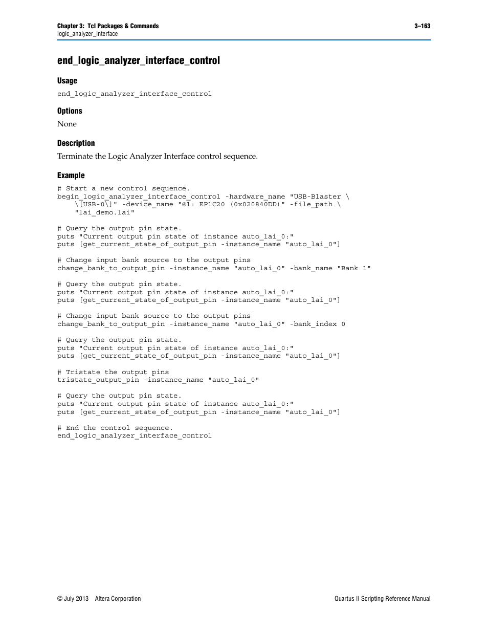 End_logic_analyzer_interface_control, Usage, Options | Description, Example, End_logic_analyzer_interface_control –163 | Altera Quartus II Scripting User Manual | Page 293 / 634