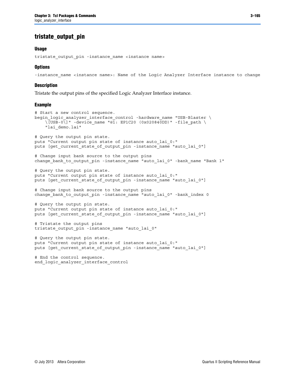 Tristate_output_pin, Usage, Options | Description, Example, Tristate_output_pin –165 | Altera Quartus II Scripting User Manual | Page 295 / 634