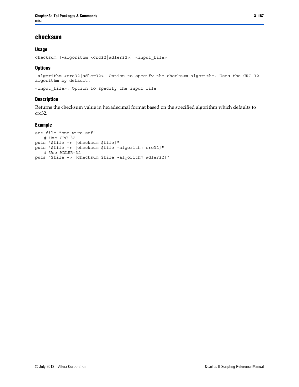 Checksum, Usage, Options | Description, Example, Checksum –167 | Altera Quartus II Scripting User Manual | Page 297 / 634