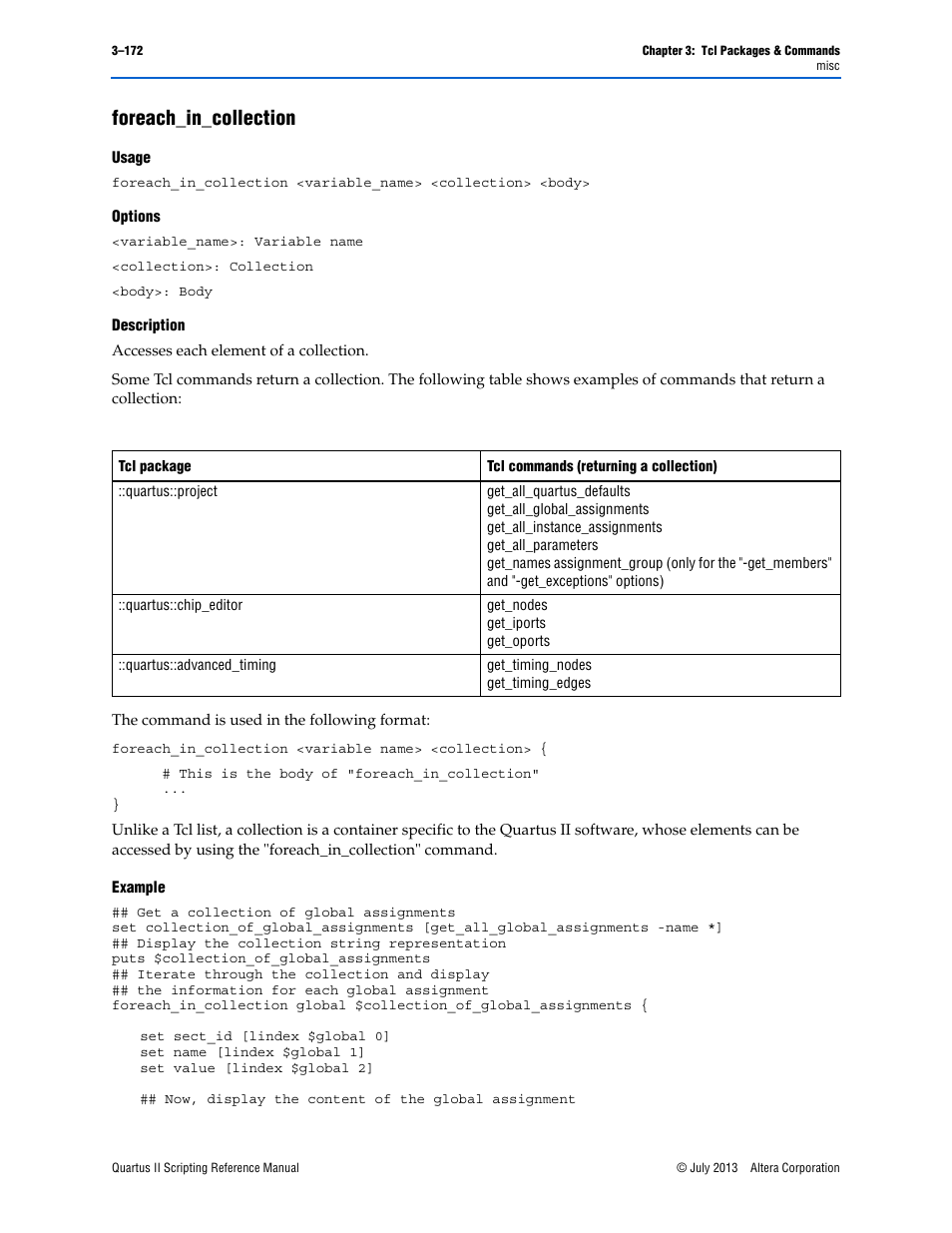 Foreach_in_collection, Usage, Options | Description, Example, Foreach_in_collection –172 | Altera Quartus II Scripting User Manual | Page 302 / 634