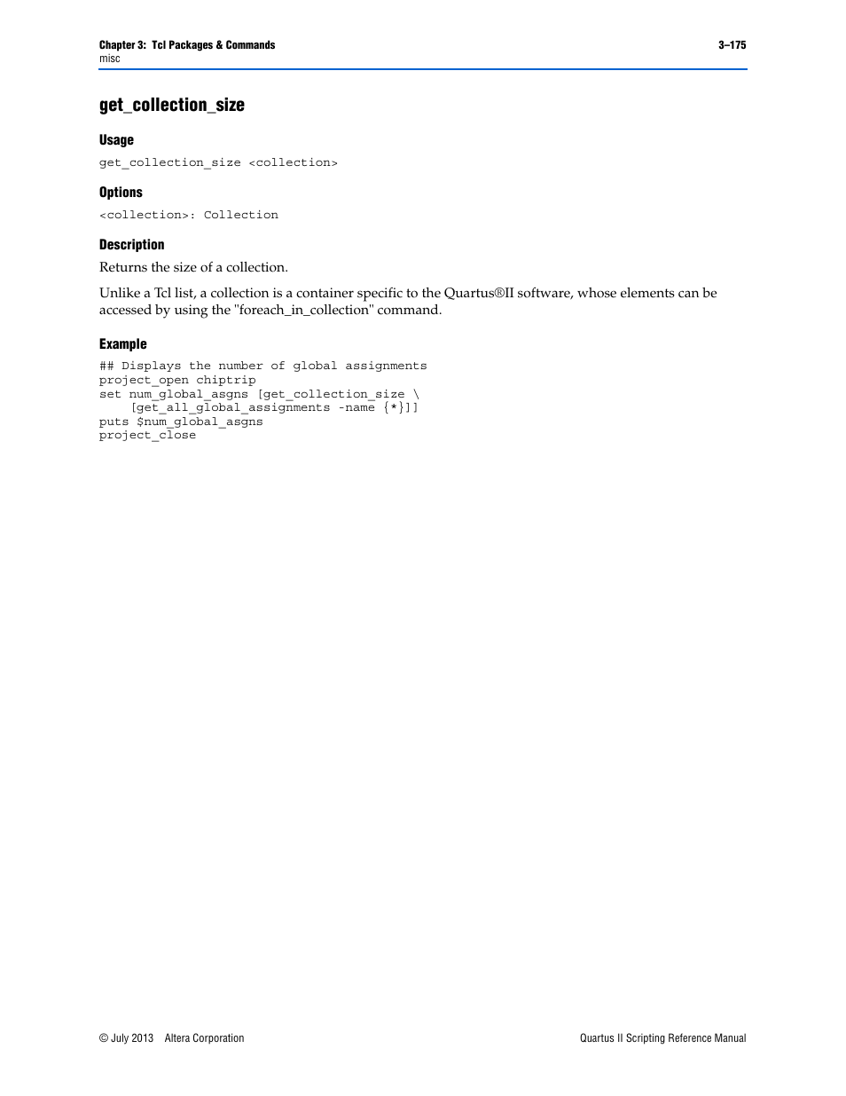 Get_collection_size, Usage, Options | Description, Example, Get_collection_size –175 | Altera Quartus II Scripting User Manual | Page 305 / 634