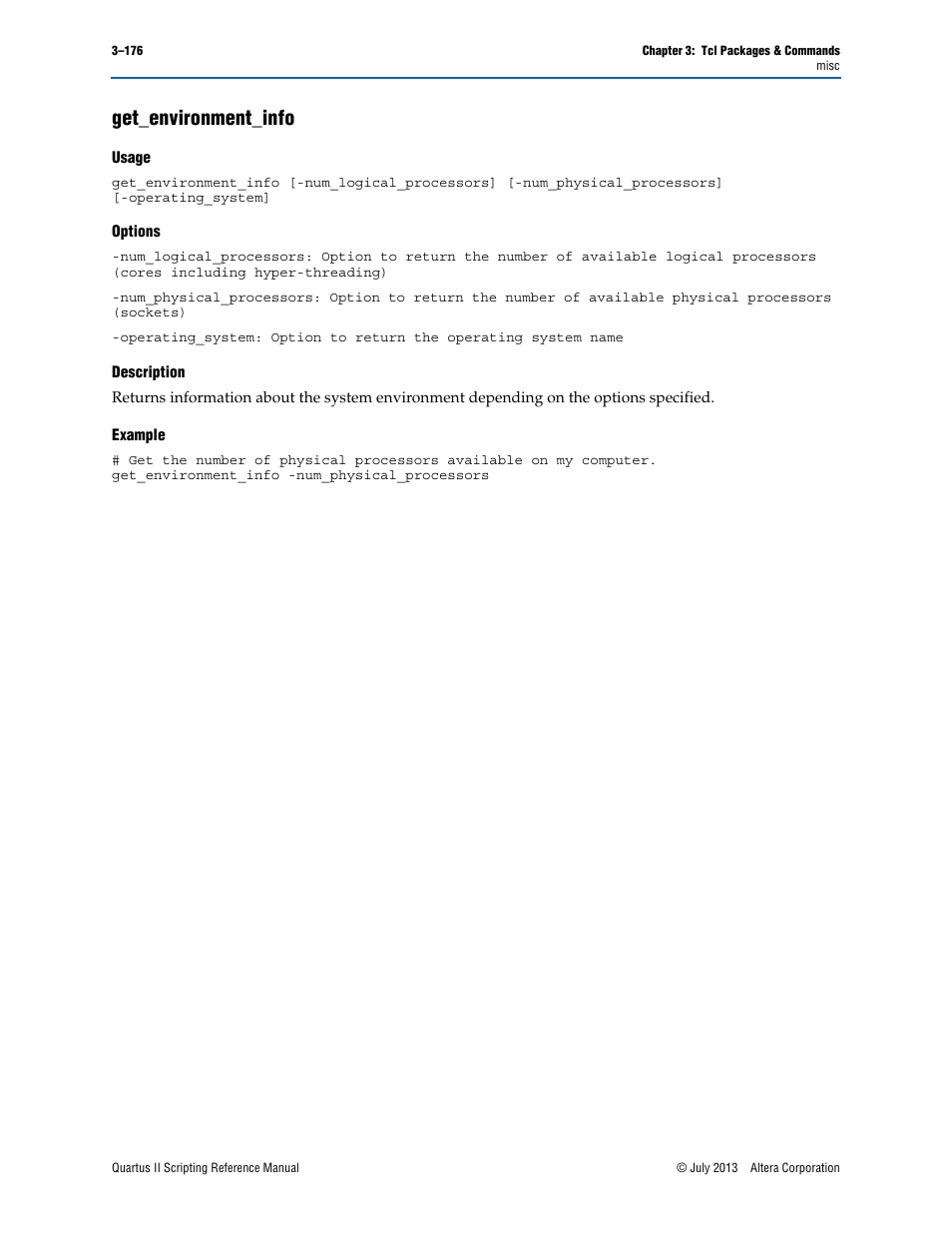 Get_environment_info, Usage, Options | Description, Example, Get_environment_info –176 | Altera Quartus II Scripting User Manual | Page 306 / 634