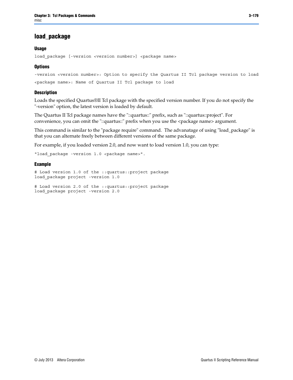 Load_package, Usage, Options | Description, Example, Load_package –179 | Altera Quartus II Scripting User Manual | Page 309 / 634
