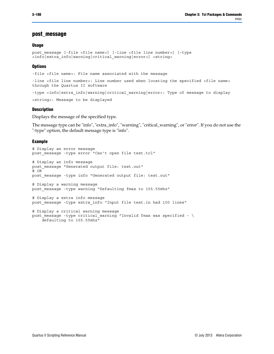 Post_message, Usage, Options | Description, Example, Post_message –180 | Altera Quartus II Scripting User Manual | Page 310 / 634