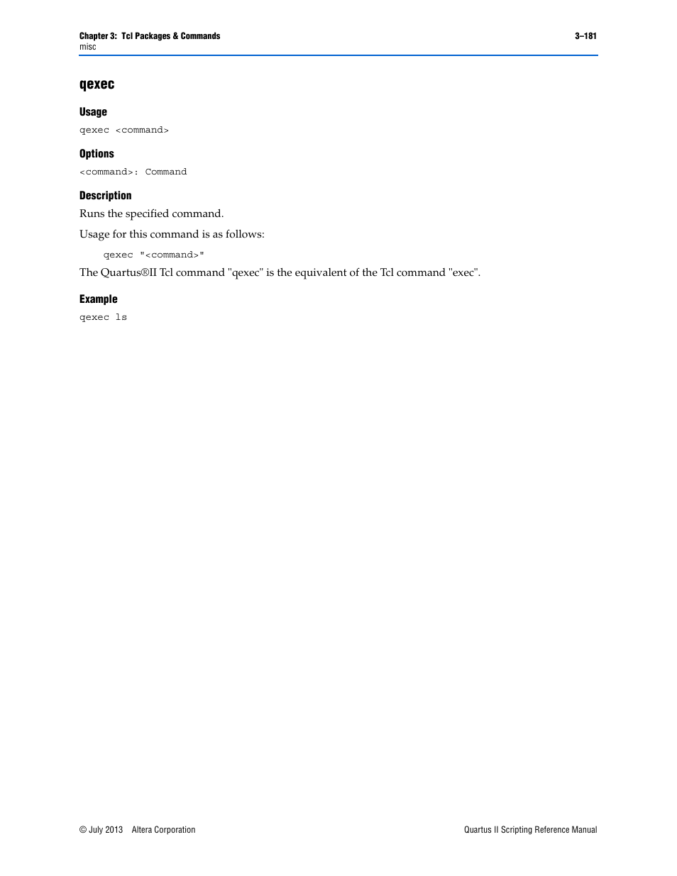 Qexec, Usage, Options | Description, Example, Qexec –181 | Altera Quartus II Scripting User Manual | Page 311 / 634