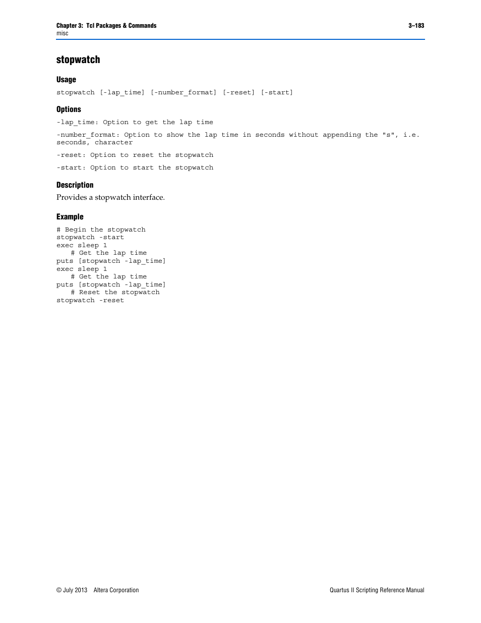 Stopwatch, Usage, Options | Description, Example, Stopwatch –183 | Altera Quartus II Scripting User Manual | Page 313 / 634