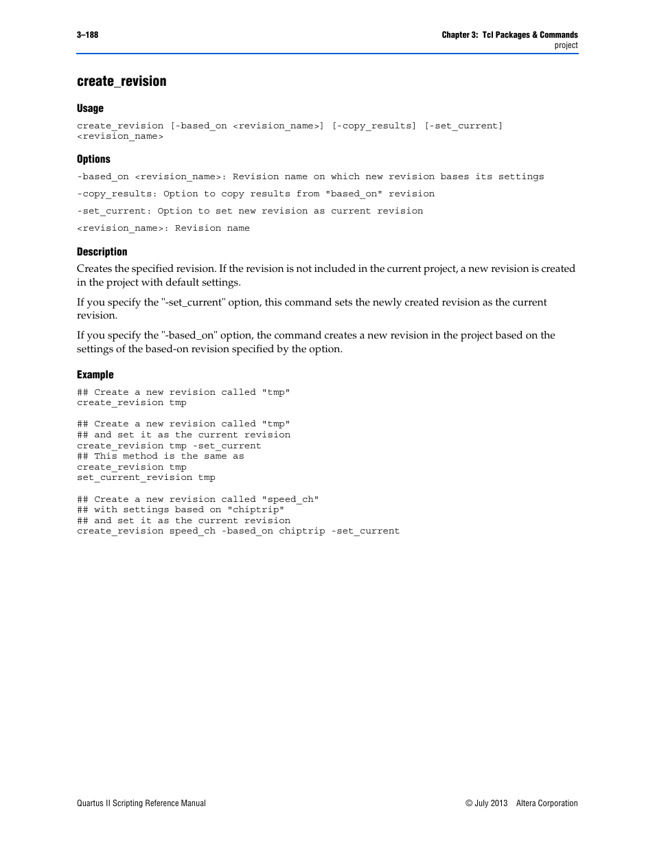 Create_revision, Usage, Options | Description, Example, Create_revision –188 | Altera Quartus II Scripting User Manual | Page 318 / 634