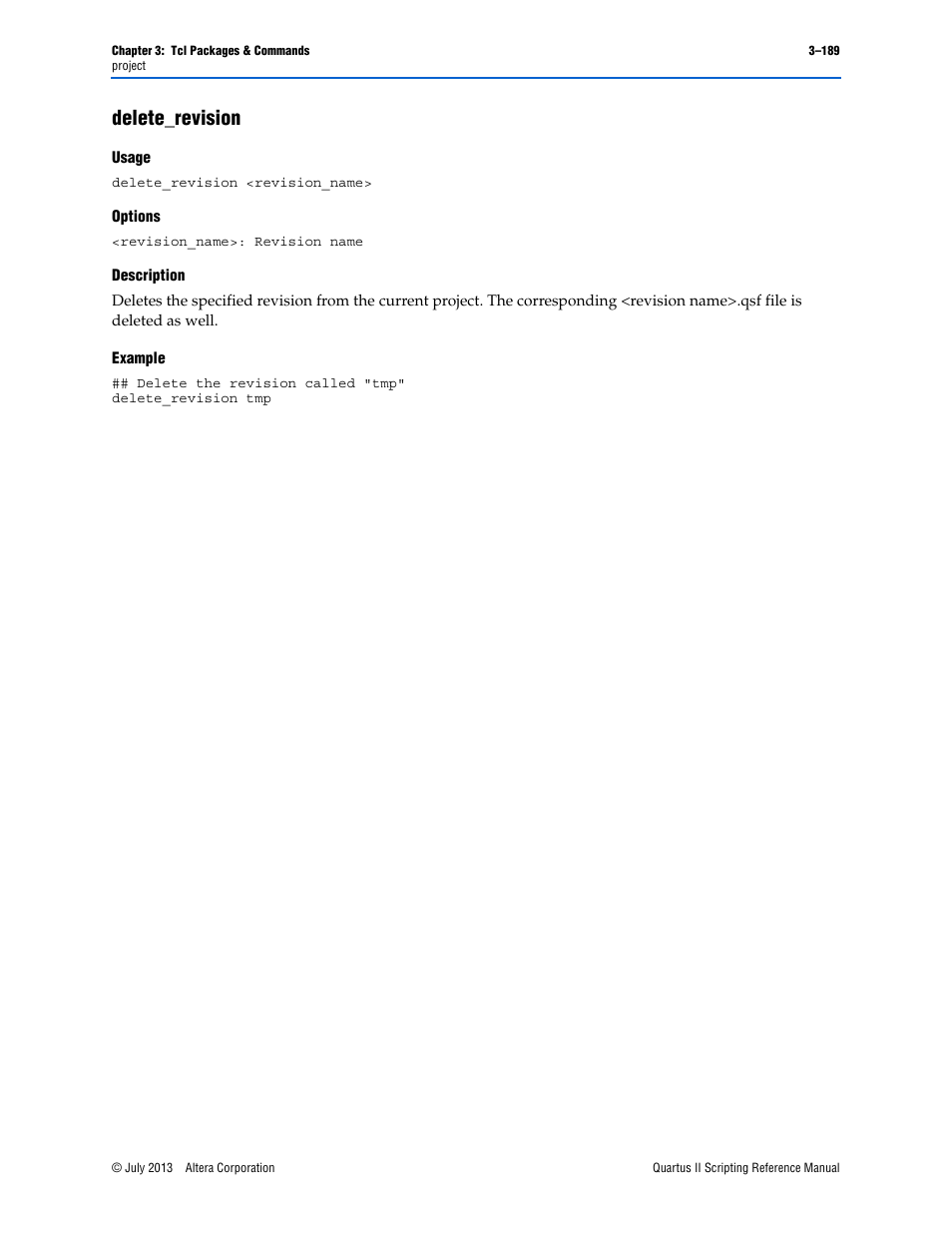 Delete_revision, Usage, Options | Description, Example, Delete_revision –189 | Altera Quartus II Scripting User Manual | Page 319 / 634
