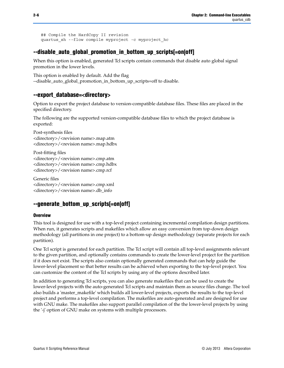 Export_database=<directory, Generate_bottom_up_scripts[=on|off, Overview | Altera Quartus II Scripting User Manual | Page 32 / 634