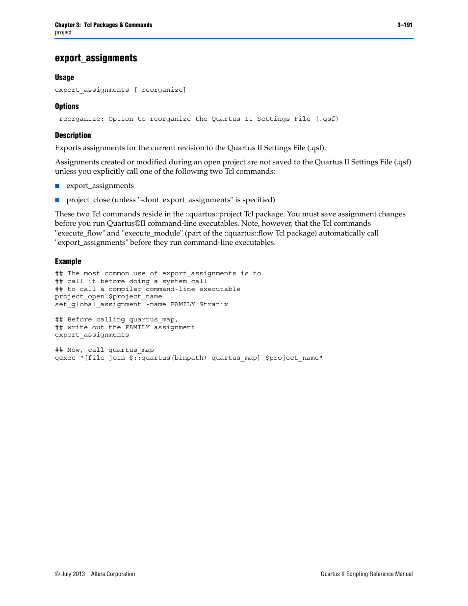 Export_assignments, Usage, Options | Description, Example, Export_assignments –191 | Altera Quartus II Scripting User Manual | Page 321 / 634