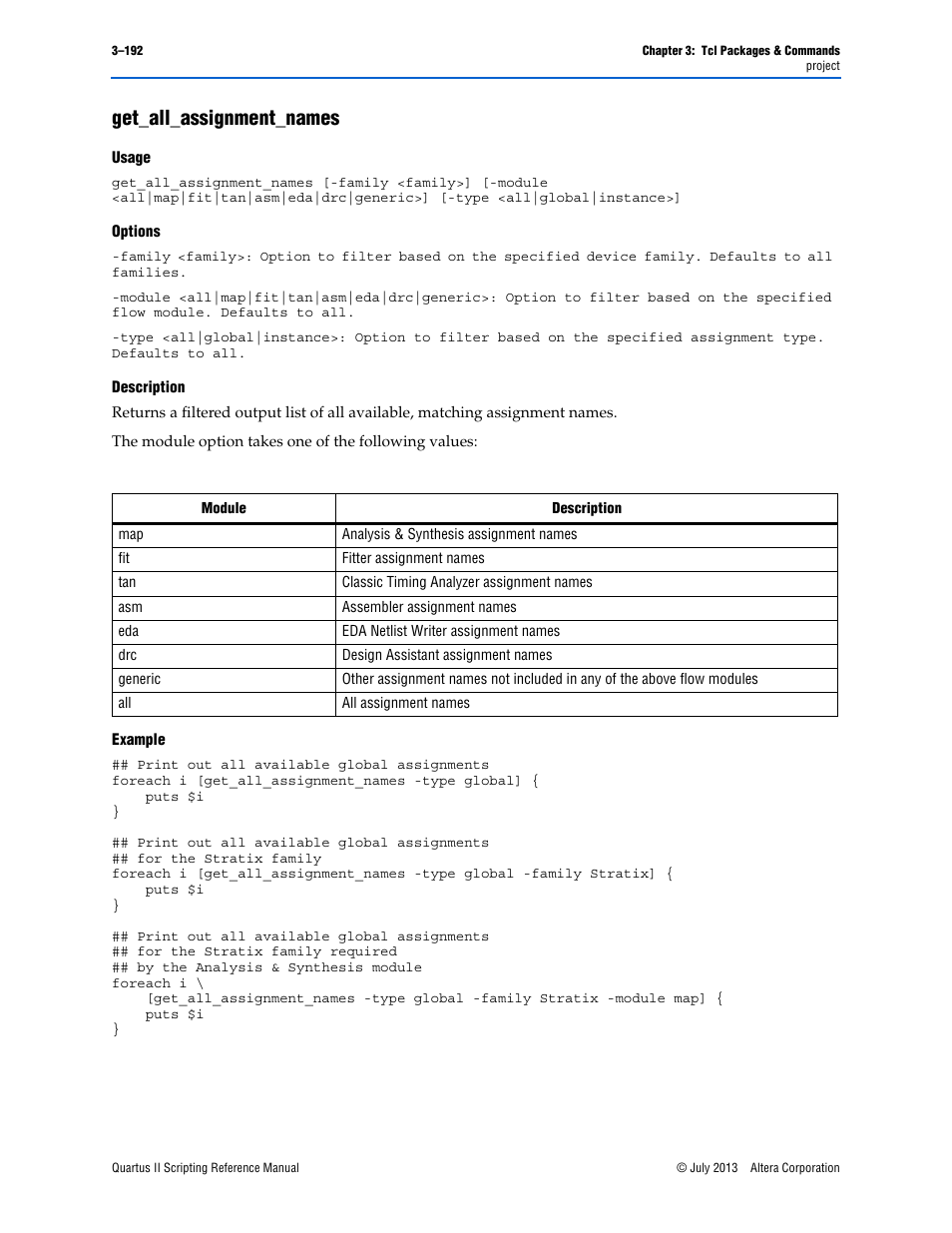 Get_all_assignment_names, Usage, Options | Description, Example, Get_all_assignment_names –192 | Altera Quartus II Scripting User Manual | Page 322 / 634