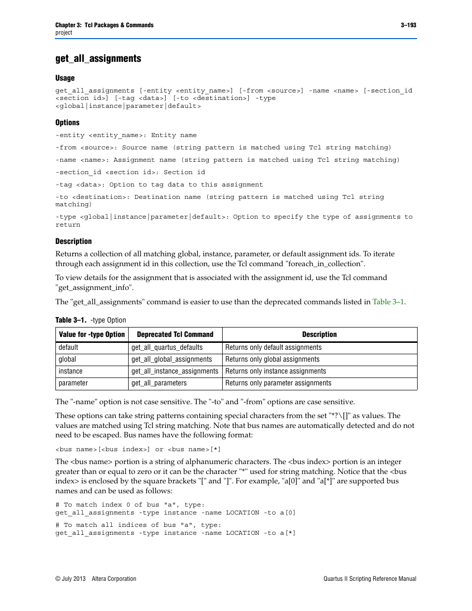Get_all_assignments, Usage, Options | Description, Get_all_assignments –193 | Altera Quartus II Scripting User Manual | Page 323 / 634