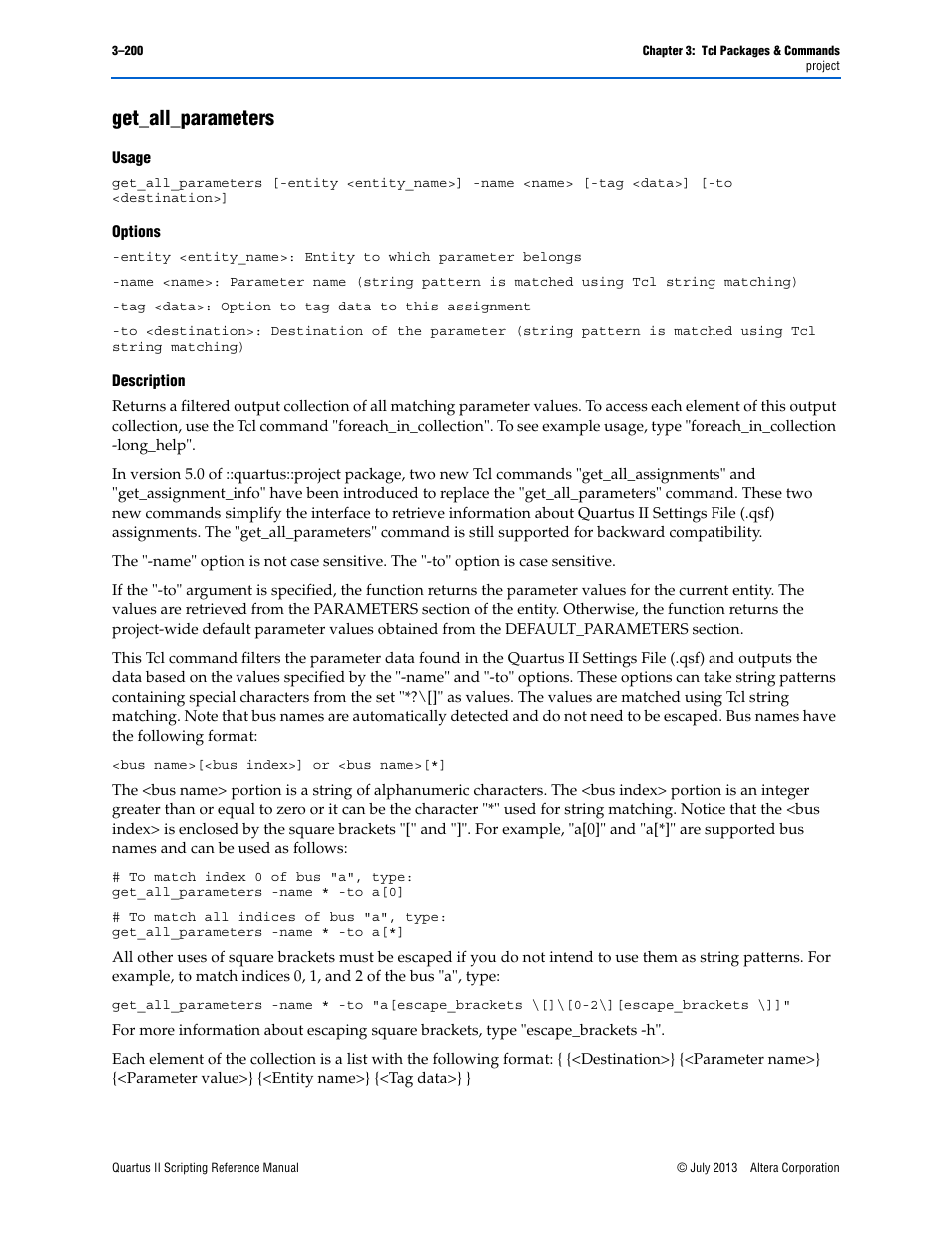 Get_all_parameters, Usage, Options | Description, Get_all_parameters –200 | Altera Quartus II Scripting User Manual | Page 330 / 634