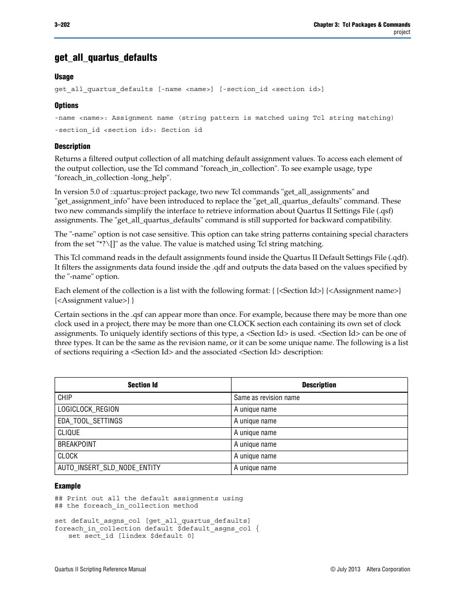 Get_all_quartus_defaults, Usage, Options | Description, Example, Get_all_quartus_defaults –202 | Altera Quartus II Scripting User Manual | Page 332 / 634
