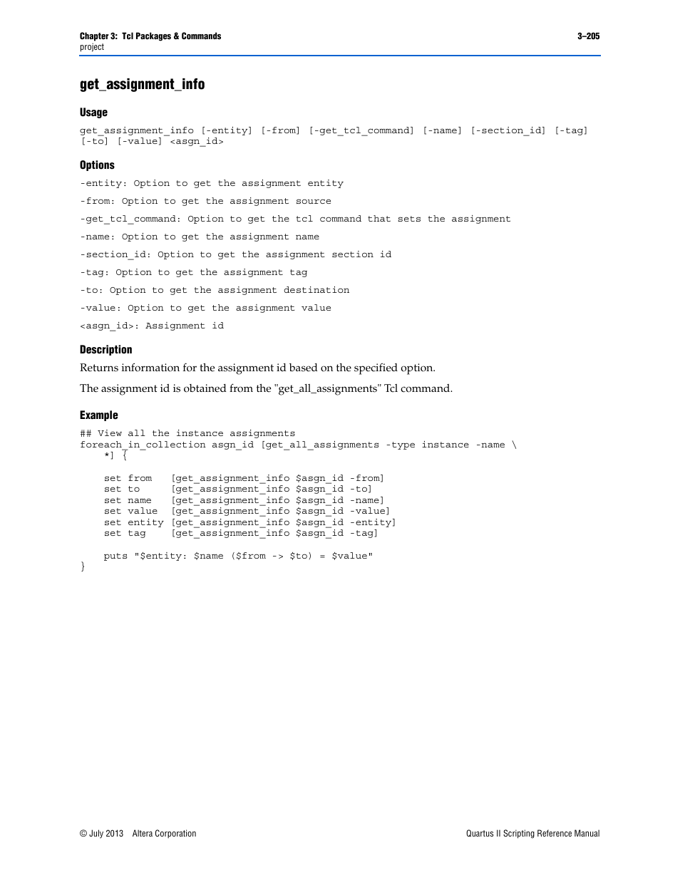 Get_assignment_info, Usage, Options | Description, Example, Get_assignment_info –205 | Altera Quartus II Scripting User Manual | Page 335 / 634