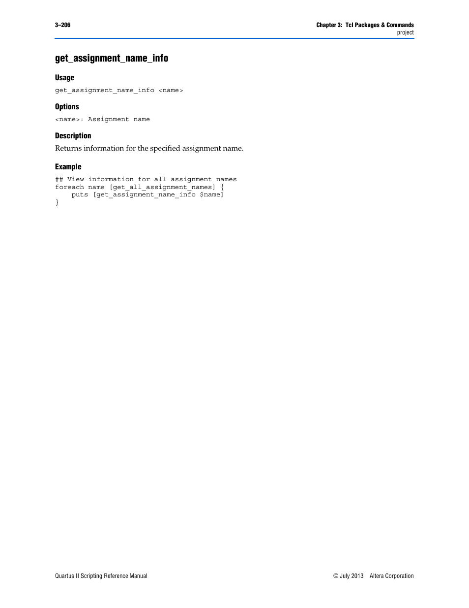 Get_assignment_name_info, Usage, Options | Description, Example, Get_assignment_name_info –206 | Altera Quartus II Scripting User Manual | Page 336 / 634