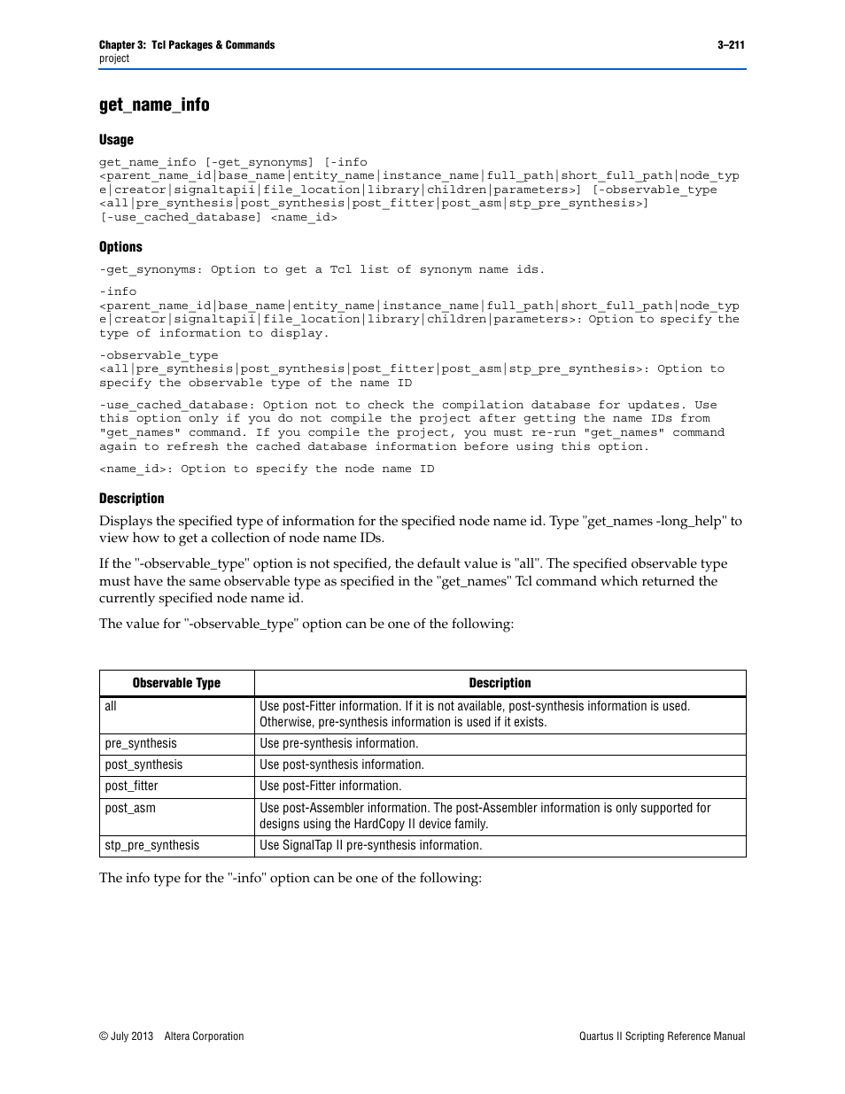 Get_name_info, Usage, Options | Description, Get_name_info –211 | Altera Quartus II Scripting User Manual | Page 341 / 634