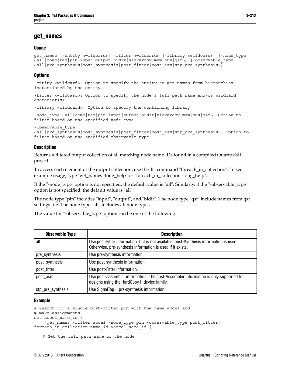 Get_names, Usage, Options | Description, Example, Get_names –213 | Altera Quartus II Scripting User Manual | Page 343 / 634