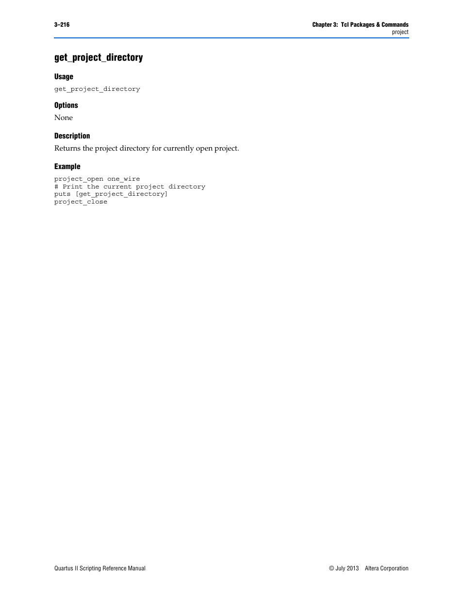 Get_project_directory, Usage, Options | Description, Example, Get_project_directory –216 | Altera Quartus II Scripting User Manual | Page 346 / 634