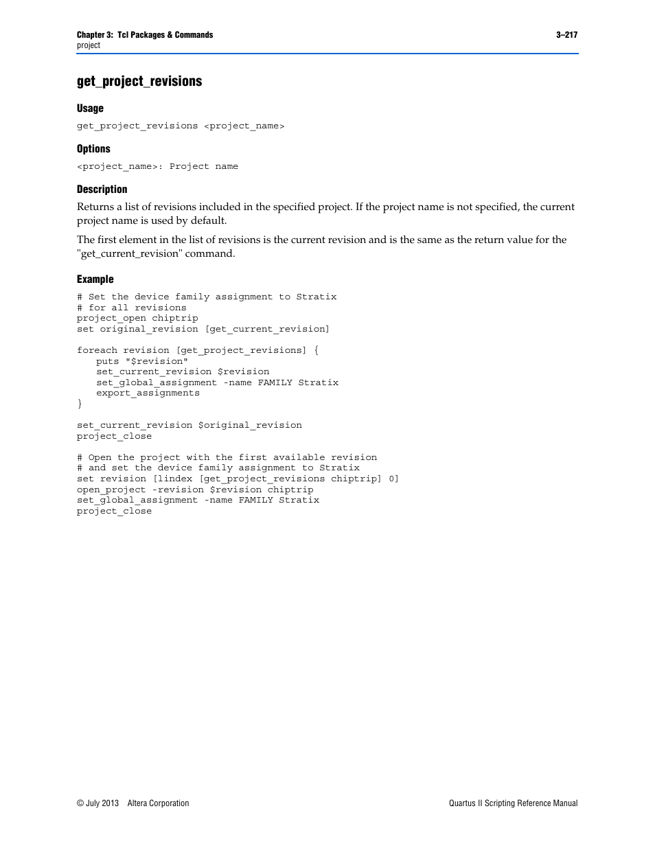 Get_project_revisions, Usage, Options | Description, Example, Get_project_revisions –217 | Altera Quartus II Scripting User Manual | Page 347 / 634
