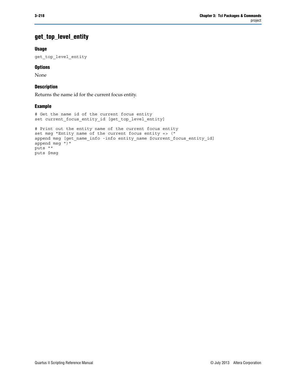 Get_top_level_entity, Usage, Options | Description, Example, Get_top_level_entity –218 | Altera Quartus II Scripting User Manual | Page 348 / 634