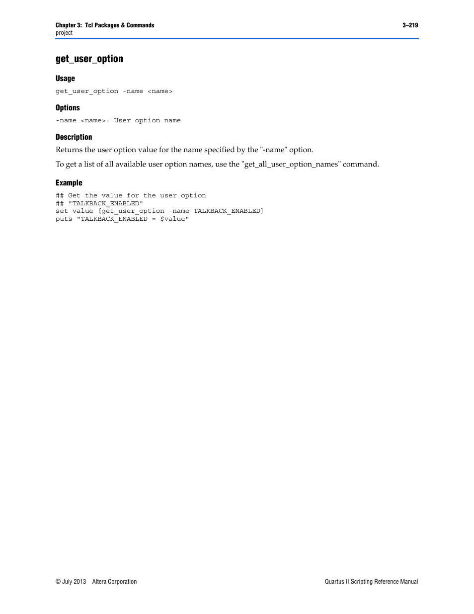 Get_user_option, Usage, Options | Description, Example, Get_user_option –219 | Altera Quartus II Scripting User Manual | Page 349 / 634