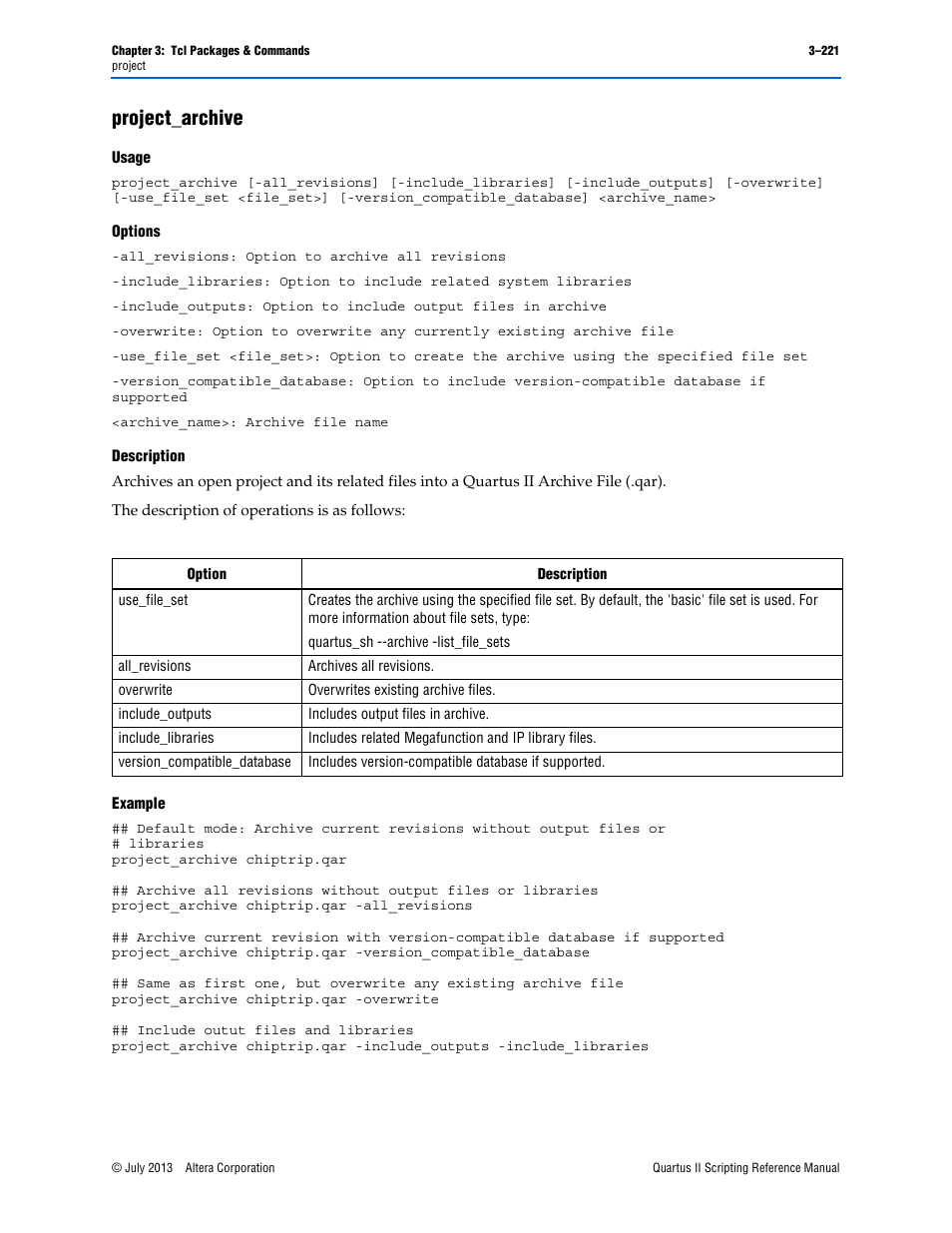 Project_archive, Usage, Options | Description, Example, Project_archive –221 | Altera Quartus II Scripting User Manual | Page 351 / 634