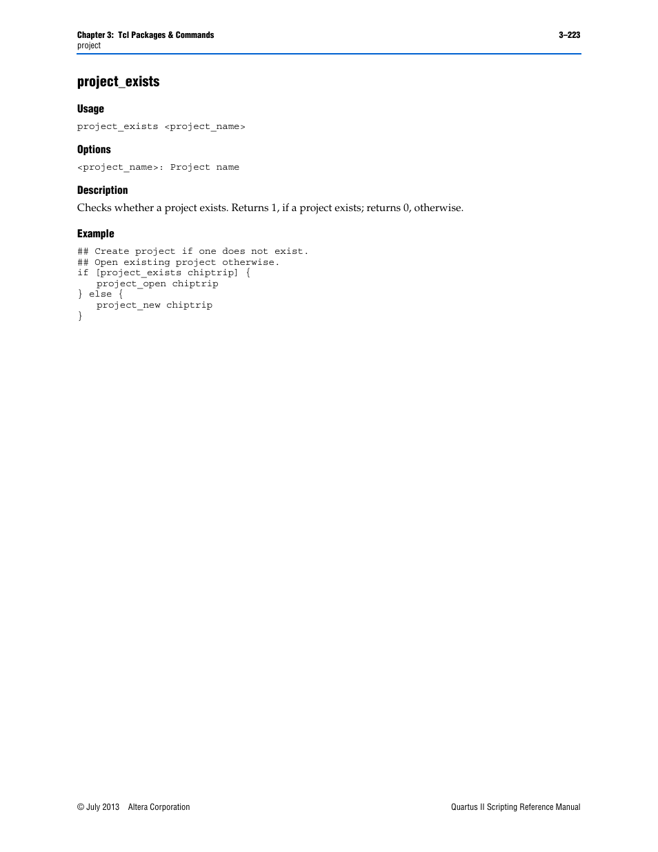 Project_exists, Usage, Options | Description, Example, Project_exists –223 | Altera Quartus II Scripting User Manual | Page 353 / 634