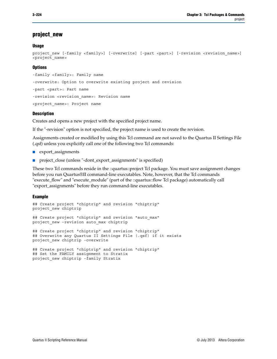 Project_new, Usage, Options | Description, Example, Project_new –224 | Altera Quartus II Scripting User Manual | Page 354 / 634