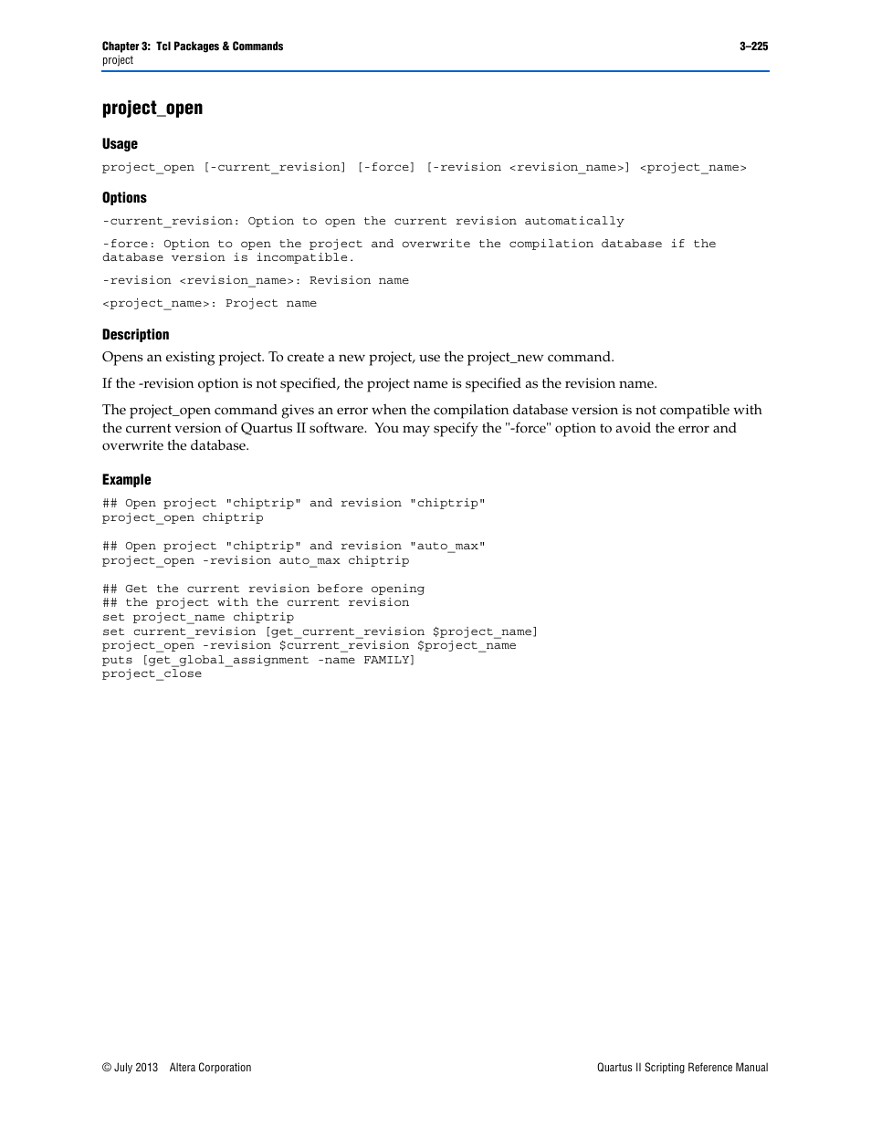 Project_open, Usage, Options | Description, Example, Project_open –225 | Altera Quartus II Scripting User Manual | Page 355 / 634