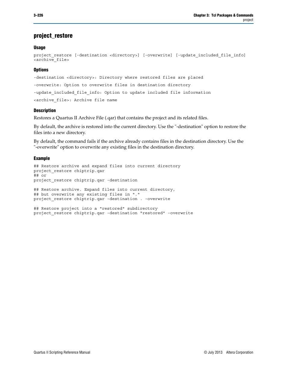 Project_restore, Usage, Options | Description, Example, Project_restore –226 | Altera Quartus II Scripting User Manual | Page 356 / 634