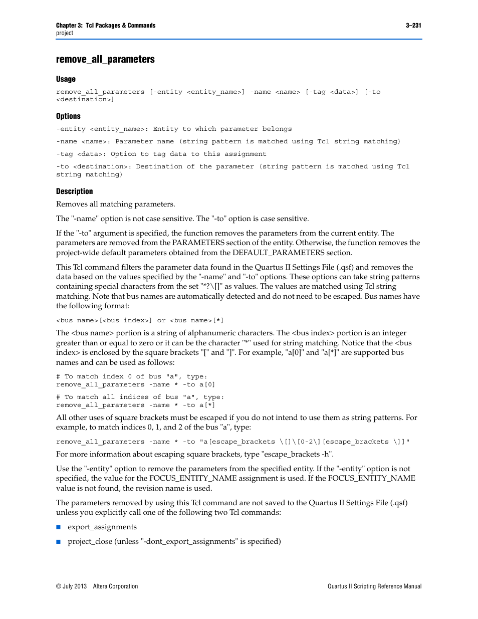 Remove_all_parameters, Usage, Options | Description, Remove_all_parameters –231 | Altera Quartus II Scripting User Manual | Page 361 / 634