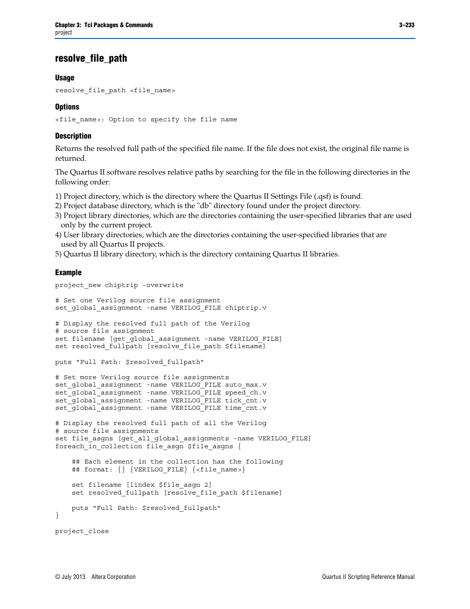 Resolve_file_path, Usage, Options | Description, Example, Resolve_file_path –233 | Altera Quartus II Scripting User Manual | Page 363 / 634