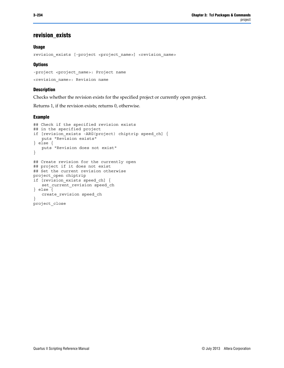 Revision_exists, Usage, Options | Description, Example, Revision_exists –234 | Altera Quartus II Scripting User Manual | Page 364 / 634