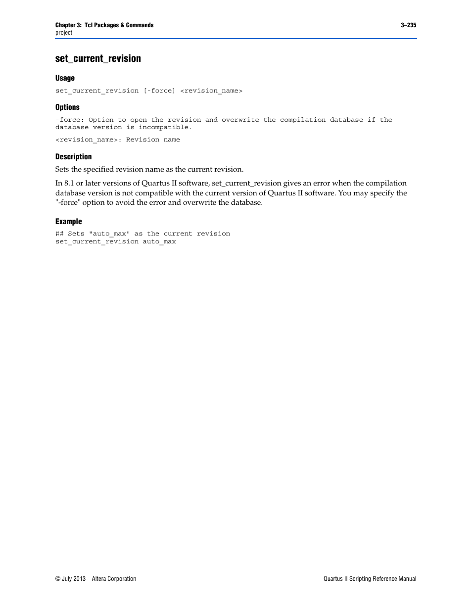 Set_current_revision, Usage, Options | Description, Example, Set_current_revision –235 | Altera Quartus II Scripting User Manual | Page 365 / 634