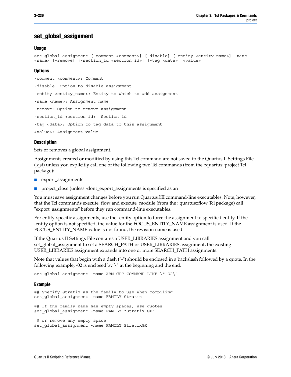Set_global_assignment, Usage, Options | Description, Example, Set_global_assignment –236 | Altera Quartus II Scripting User Manual | Page 366 / 634