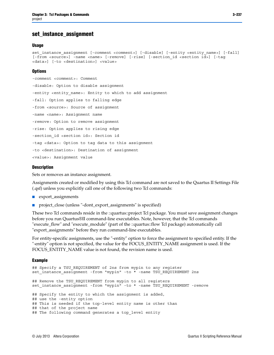 Set_instance_assignment, Usage, Options | Description, Example, Set_instance_assignment –237 | Altera Quartus II Scripting User Manual | Page 367 / 634