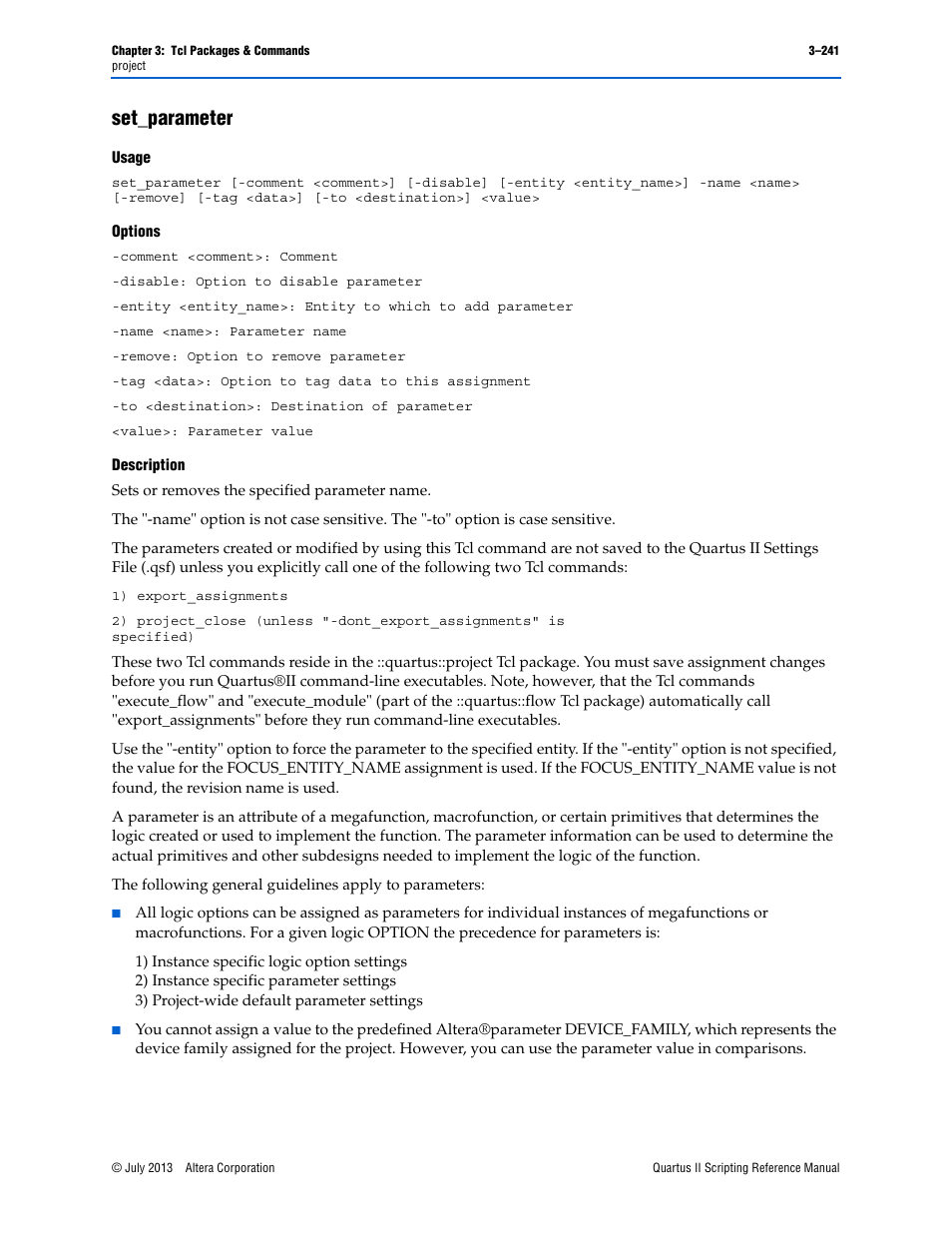 Set_parameter, Usage, Options | Description, Set_parameter –241 | Altera Quartus II Scripting User Manual | Page 371 / 634