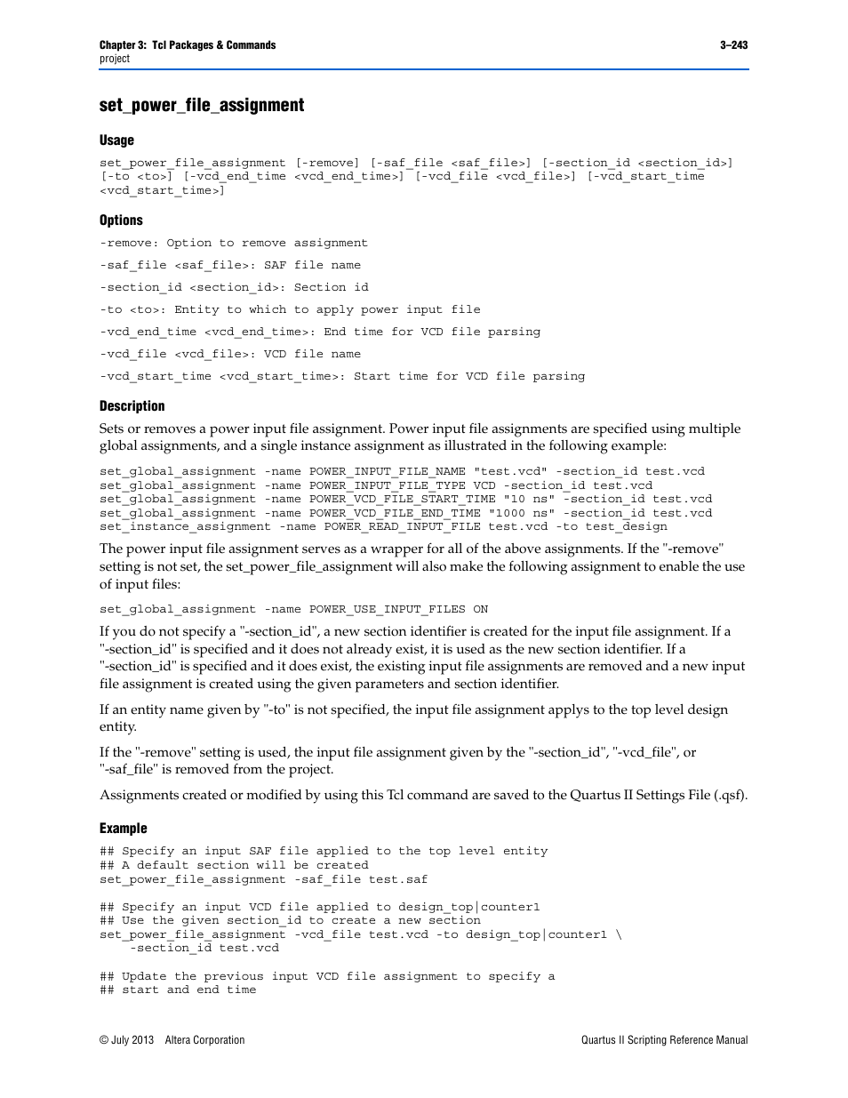 Set_power_file_assignment, Usage, Options | Description, Example, Set_power_file_assignment –243 | Altera Quartus II Scripting User Manual | Page 373 / 634