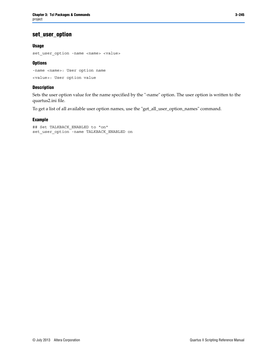 Set_user_option, Usage, Options | Description, Example, Set_user_option –245 | Altera Quartus II Scripting User Manual | Page 375 / 634