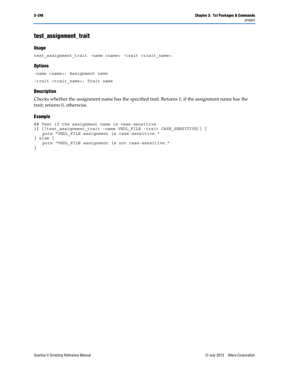 Test_assignment_trait, Usage, Options | Description, Example, Test_assignment_trait –246 | Altera Quartus II Scripting User Manual | Page 376 / 634