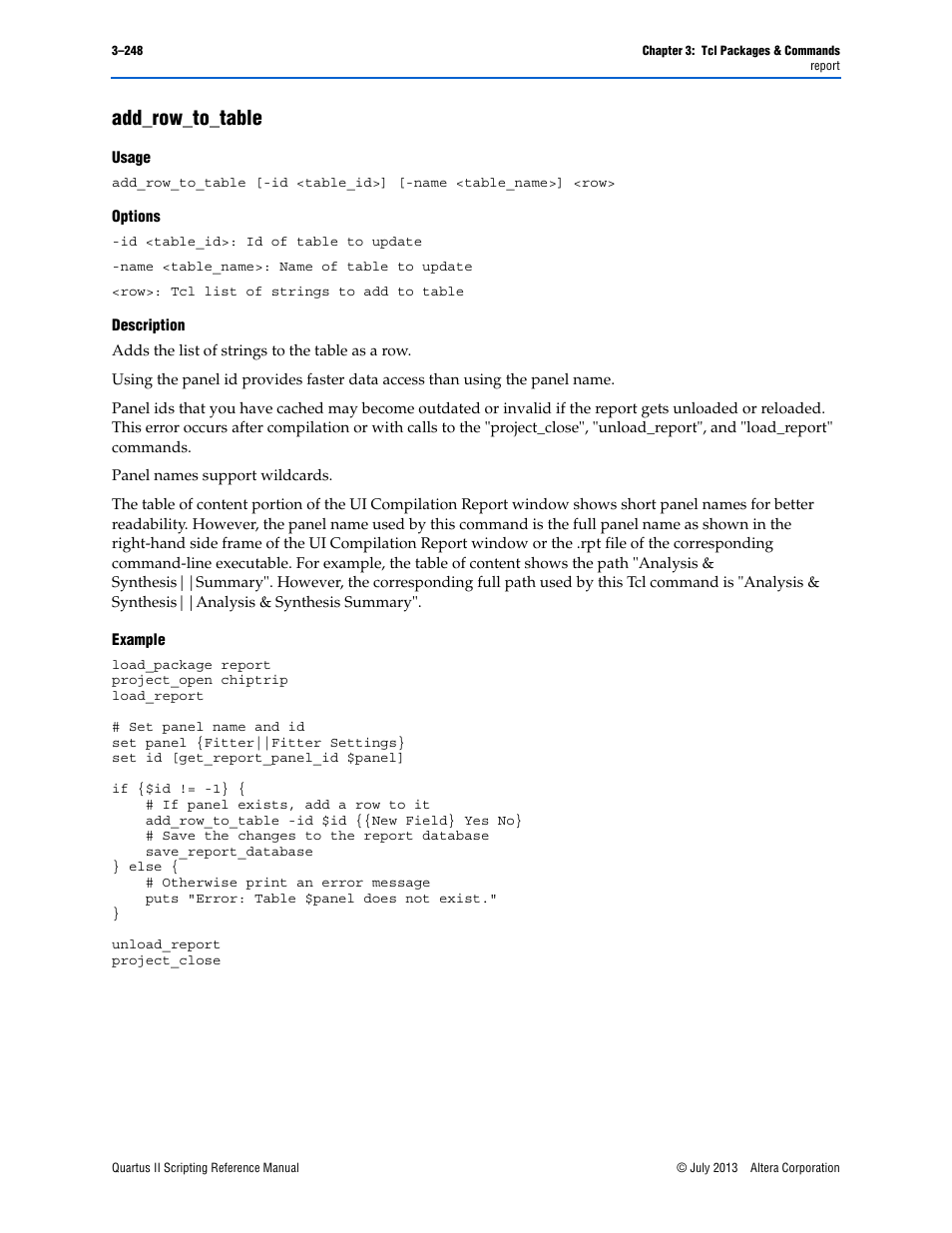 Add_row_to_table, Usage, Options | Description, Example, Add_row_to_table –248 | Altera Quartus II Scripting User Manual | Page 378 / 634