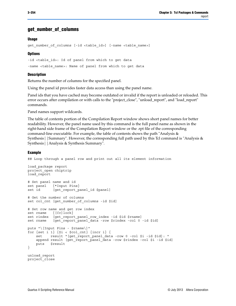 Get_number_of_columns, Usage, Options | Description, Example, Get_number_of_columns –254 | Altera Quartus II Scripting User Manual | Page 384 / 634